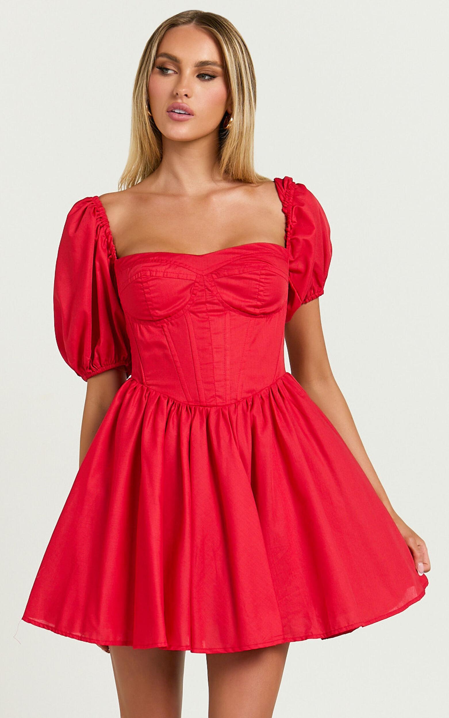 Souza Mini Dress - Fit and Flare Puff Sleeve Corset Dress in Red Product Image