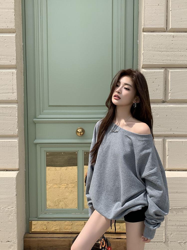 One-Shoulder Plain Oversized Pullover Product Image