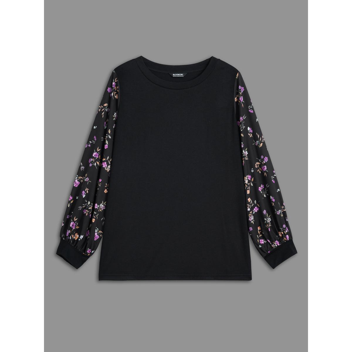 Plus Size Floral Spliced Sleeve Stretchy T-Shirt Black Women Elegant Contrast Natural Flowers Round Neck Everyday T-shirts BloomChic 18-20/2X Product Image