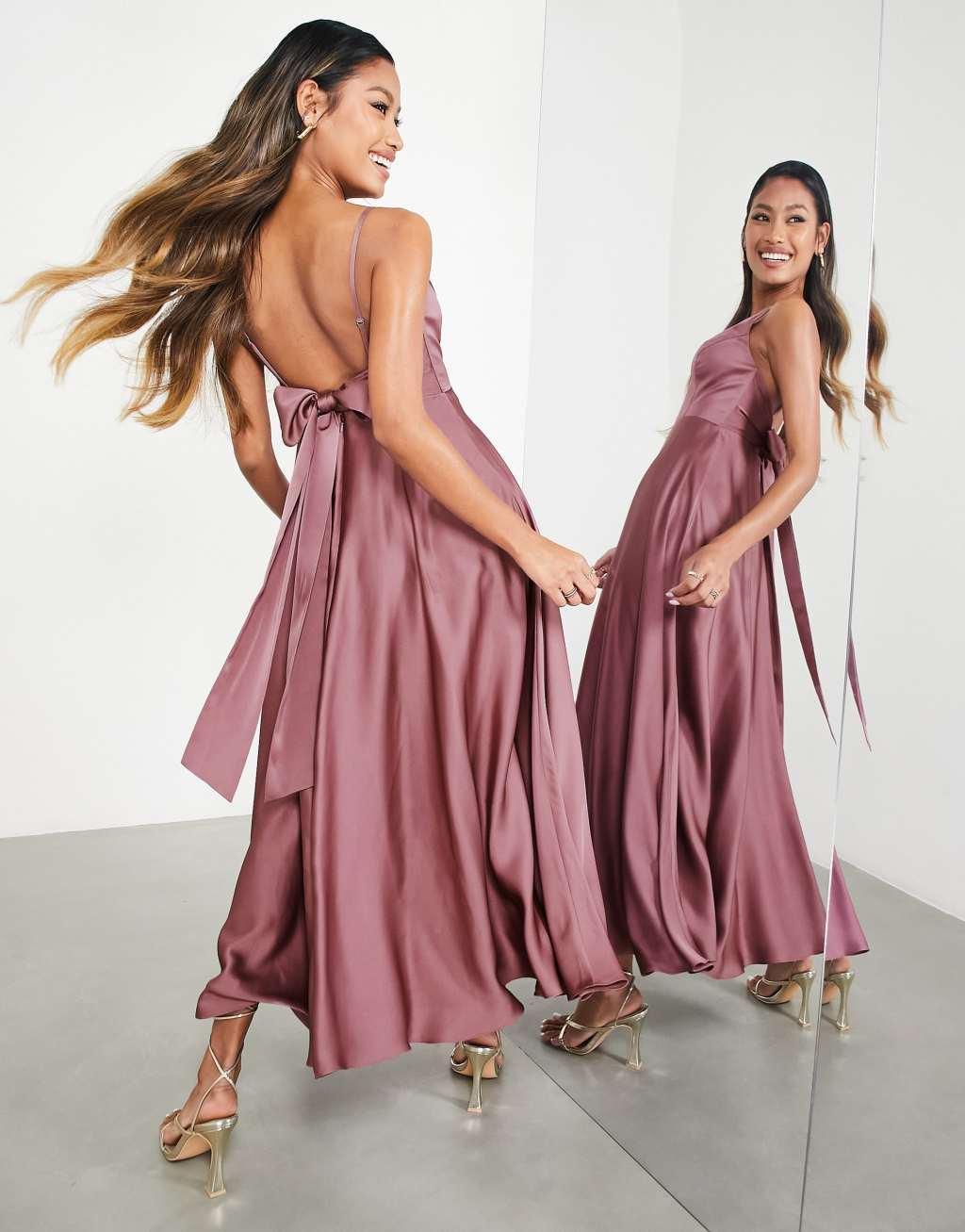 ASOS DESIGN Bridesmaid satin midi dress with tie back Product Image
