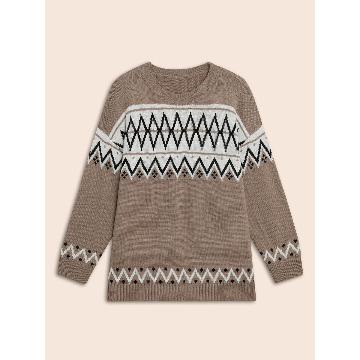 Plus Size Round Neck Geometric Drop Shoulder Cardigan Beige Women Casual Loose Long Sleeve Round Neck Everyday Pullovers BloomChic 14-16/1X Product Image