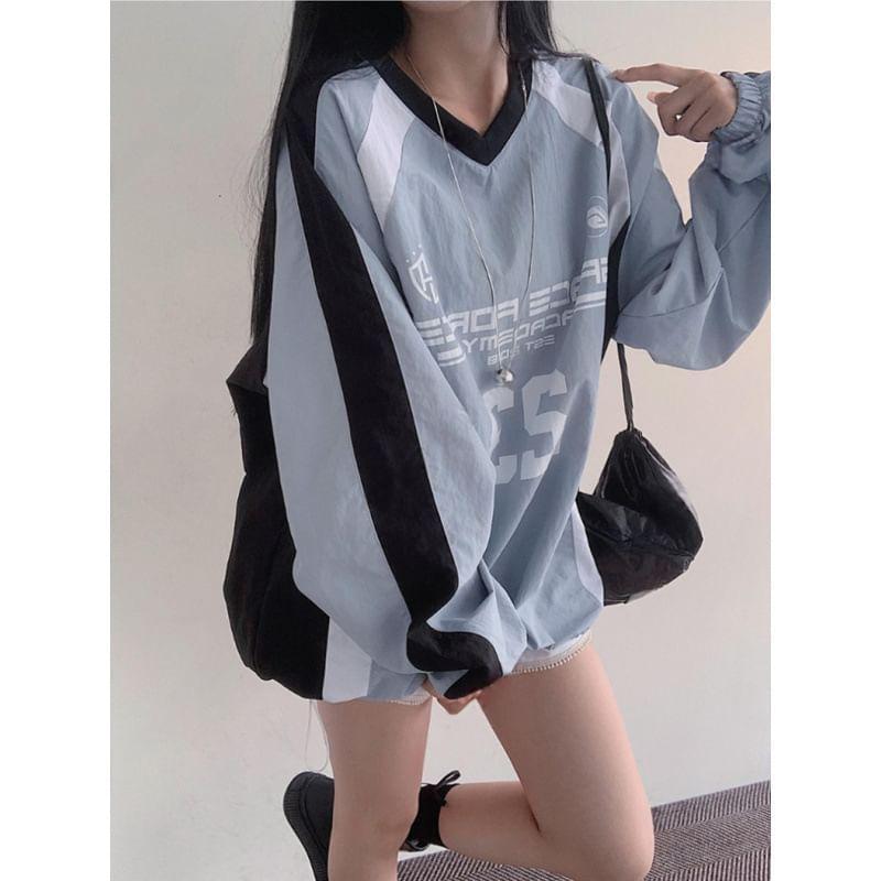 Long Sleeve V-Neck Lettering Print Color-Block Loose-Fit Pullover Product Image
