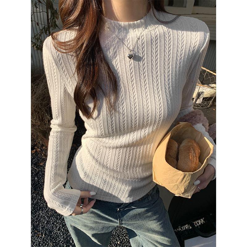 Mock Neck Plain Cable Knit Top Product Image