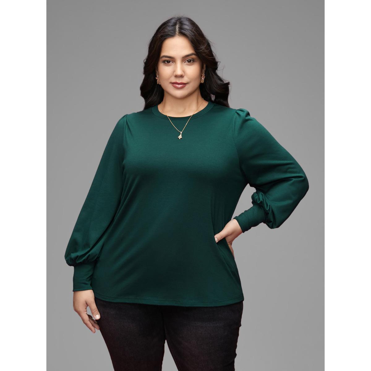Plus Size Round Neck Balloon Sleeves A-line Tee DarkGreen Women Elegant Gathered Round Neck Everyday T-shirts BloomChic 12/L Product Image