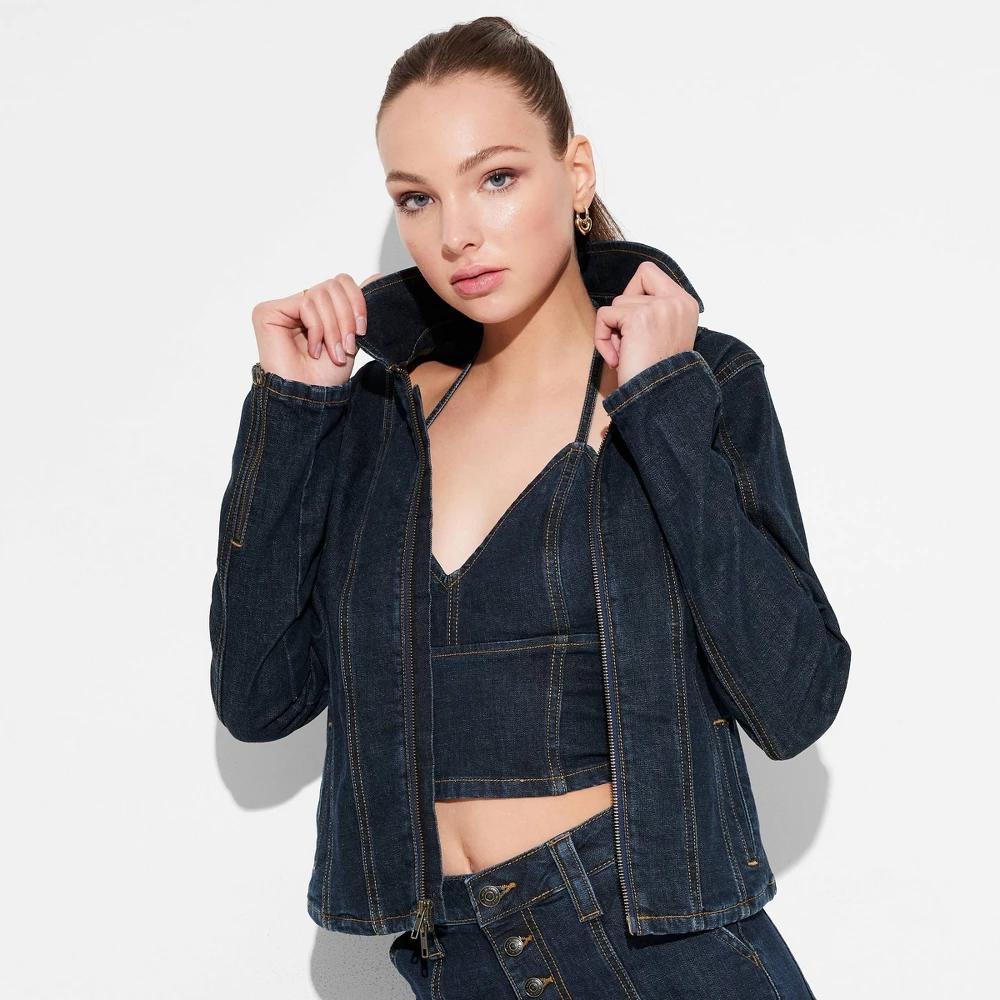 Women's Seamed Moto Jacket - Wild Fable™ Dark Wash S: Midweight Fabric, Front Zipper, Two Pockets, Below Waist Length Product Image