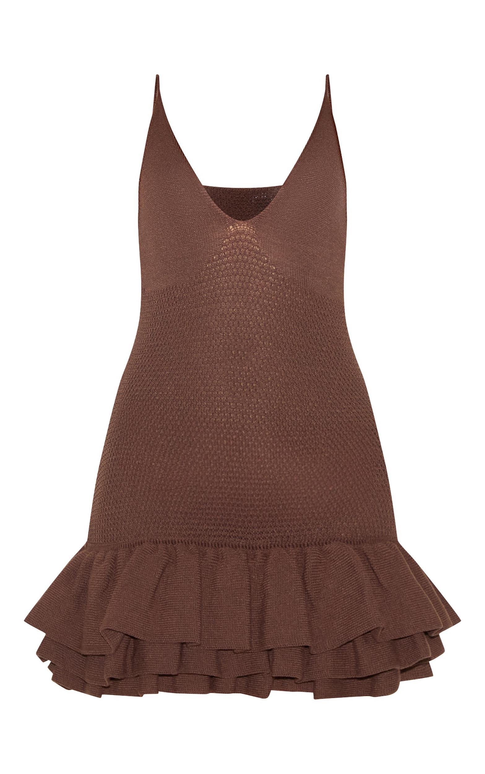 Chocolate Knitted Frill Hem Strappy Mini Dress Product Image