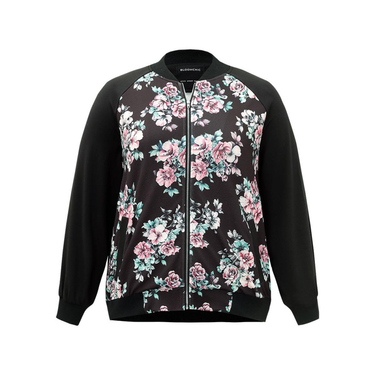 Plus Size Floral Patchwork Zipper Pocket Jacket Women BlackFlower Elastic cuffs Pocket Everyday Jackets BloomChic 18-20/2X Product Image