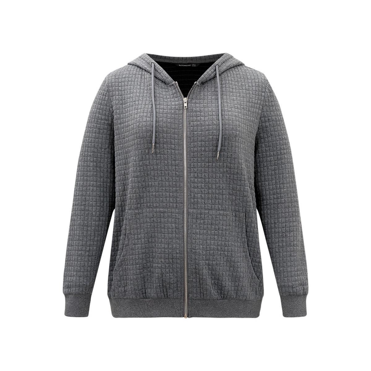 Plus Size Plain Zipper Drawstring Jacquard Jacket Women Gray Plain Pocket Everyday Jackets BloomChic 22-24/3X Product Image