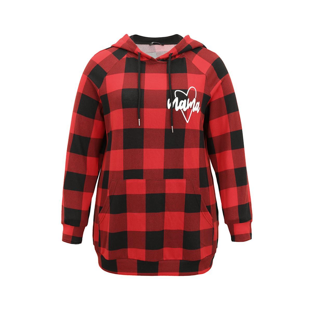 Plus Size Letter Plaid Hooded Drawstring Pocket Sweatshirt Women Red Casual Elastic cuffs Hooded Festival-Christmas Sweatshirts BloomChic 10/M Product Image