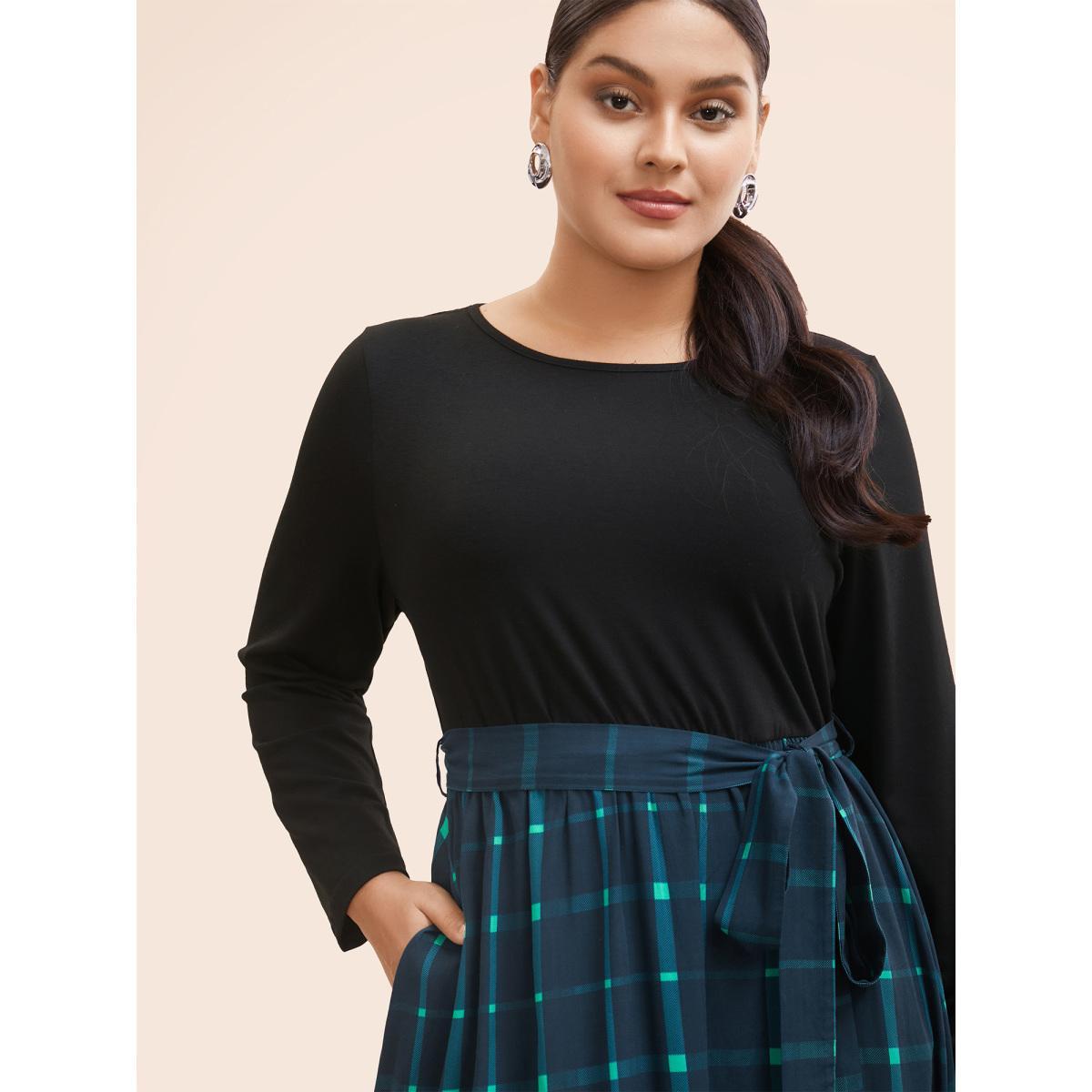 Plus Size Plaid Patchwork Belted Midi Dress Navy Women At the Office Belted Round Neck Long Sleeve Curvy BloomChic 14-16/1X Product Image