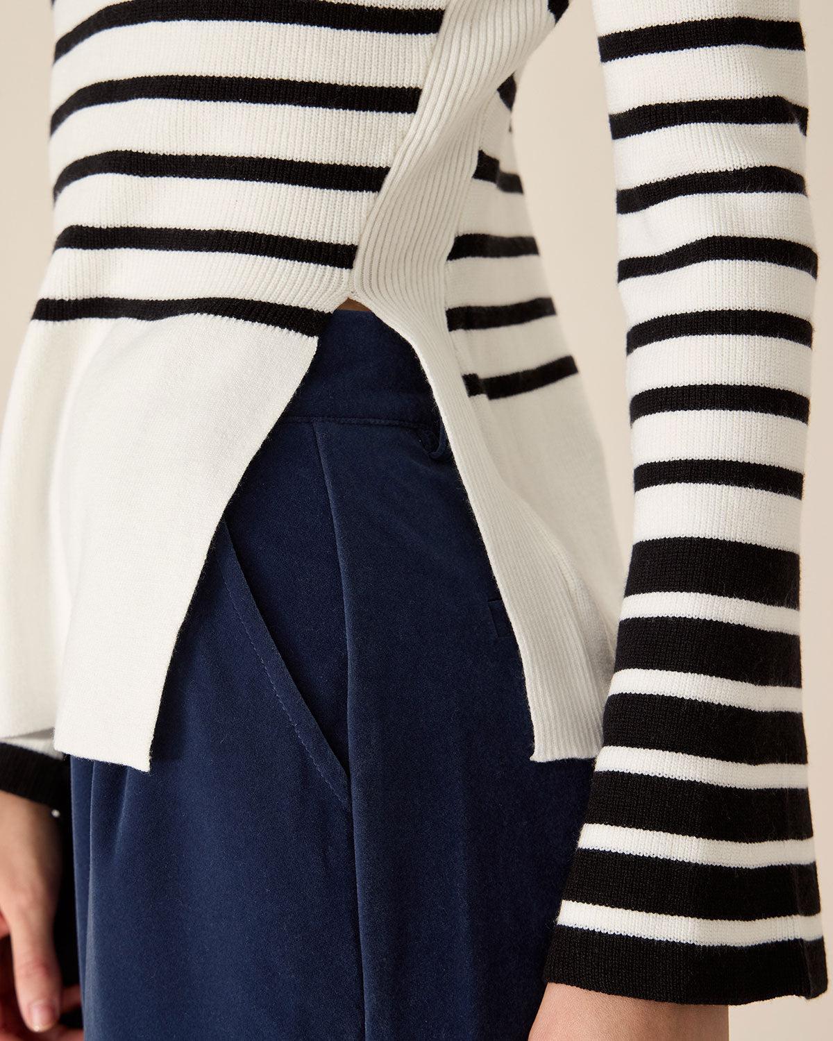 White Striped Boat Neck Sweater Product Image