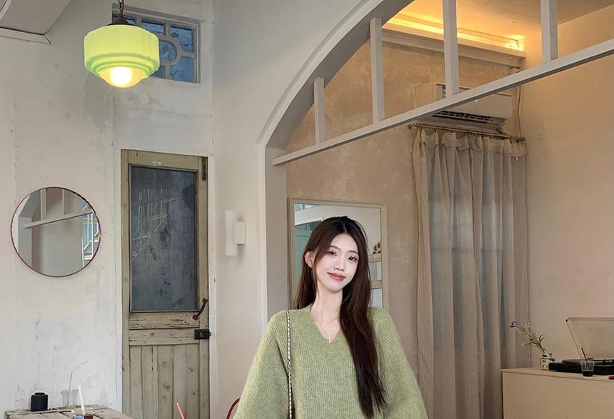 V-Neck Plain Long Sweater / High Waist Midi A-Line Skirt Product Image