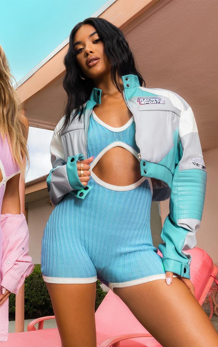 Blue Contrast Binding Cut Out Knit Romper Product Image