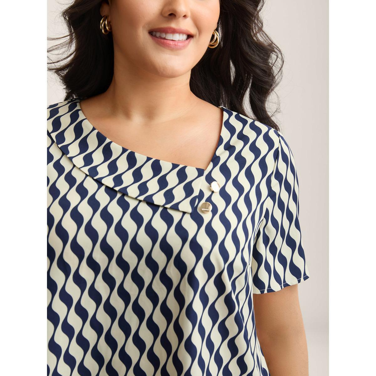 Plus Size Indigo Wavy Print Asymmetrical Neckline Blouse Women Short sleeve Asymmetrical Neck Work Blouses BloomChic 28/5X Product Image