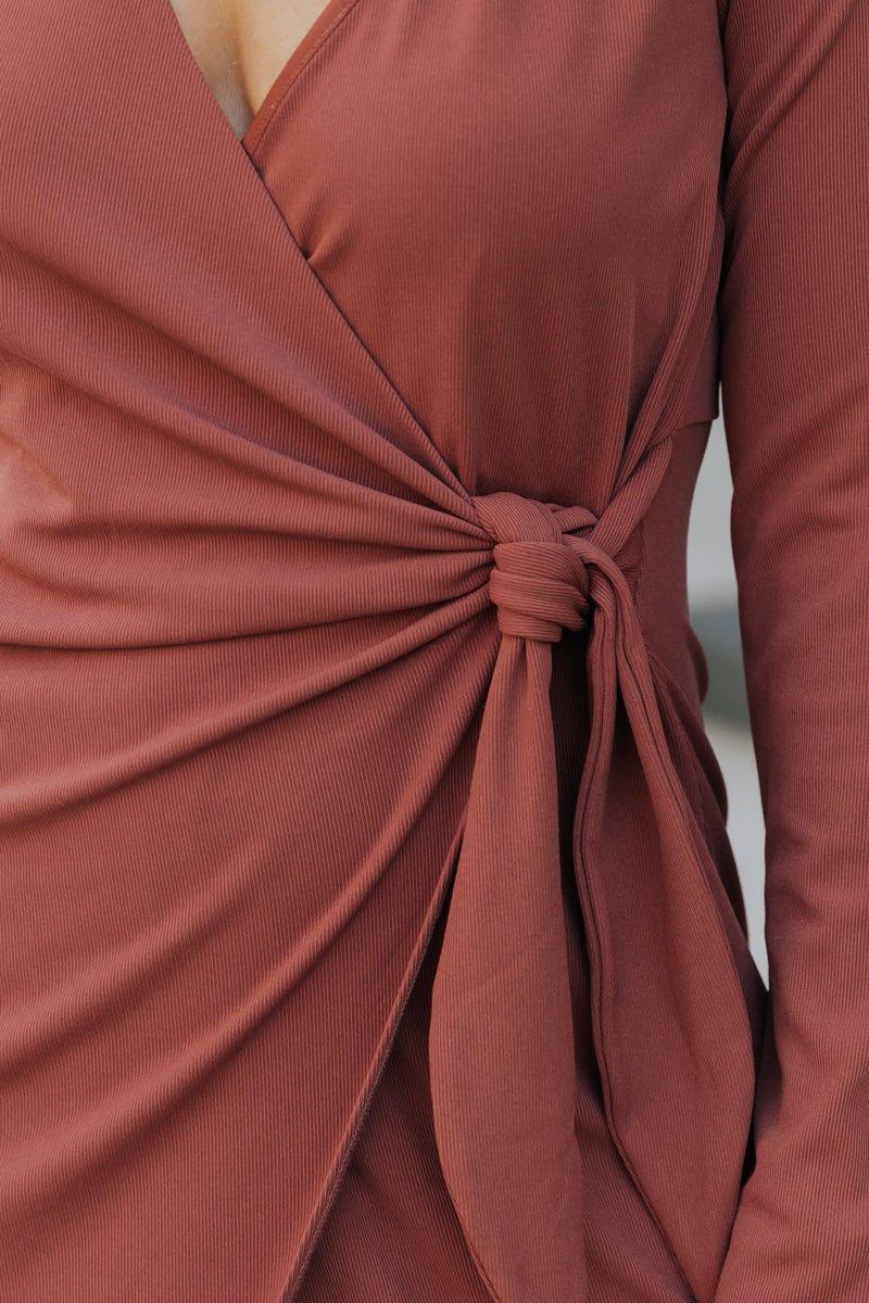 Surplice Ribbed Midi Wrap Dress - Brick - FINAL SALE Female Product Image