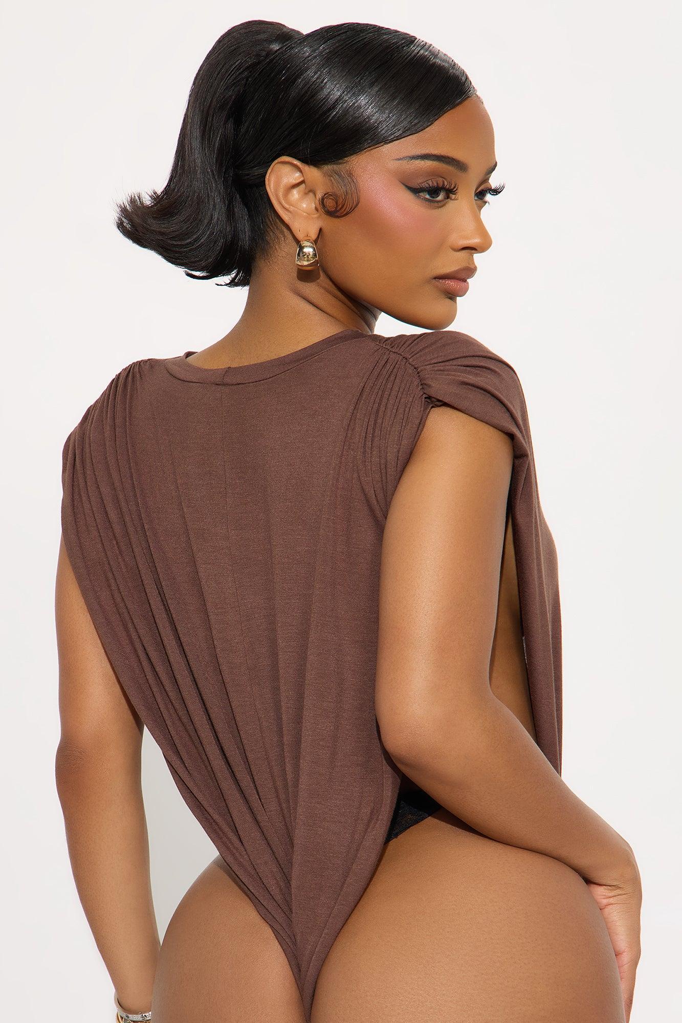 Open Concept Ruched Sleeveless Bodysuit - Chocolate Product Image