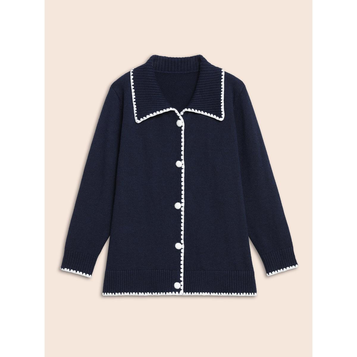 Plus Size Lapel Collar Contrast Trim Cardigan Indigo Women Casual Long Sleeve Everyday Cardigans BloomChic 10/M Product Image