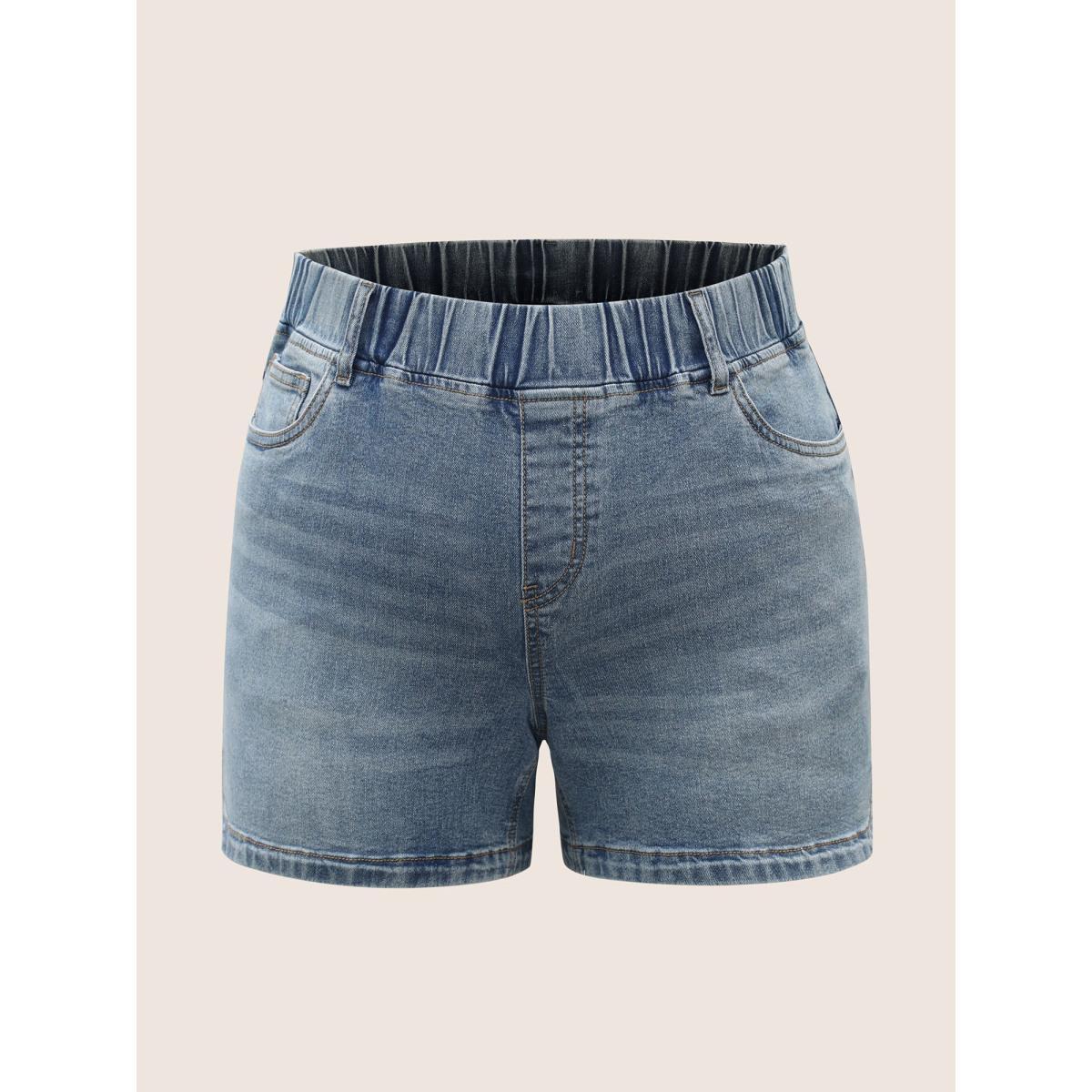 Plus Size Light Wash Slit Hem Elastic Waist Denim Shorts Women Denimblue Slit High stretch Everyday Slanted pocket Casual Denim Shorts BloomChic 28/5X Product Image