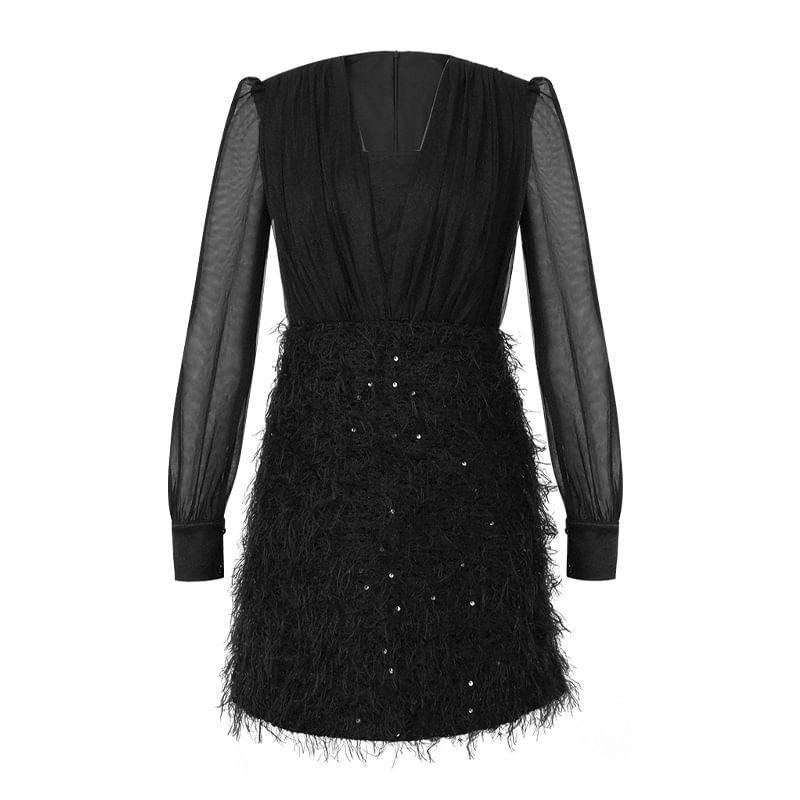 Mock Two-Piece Long-Sleeve Square Neck Plain Sequin Mini Sheath Dress Product Image