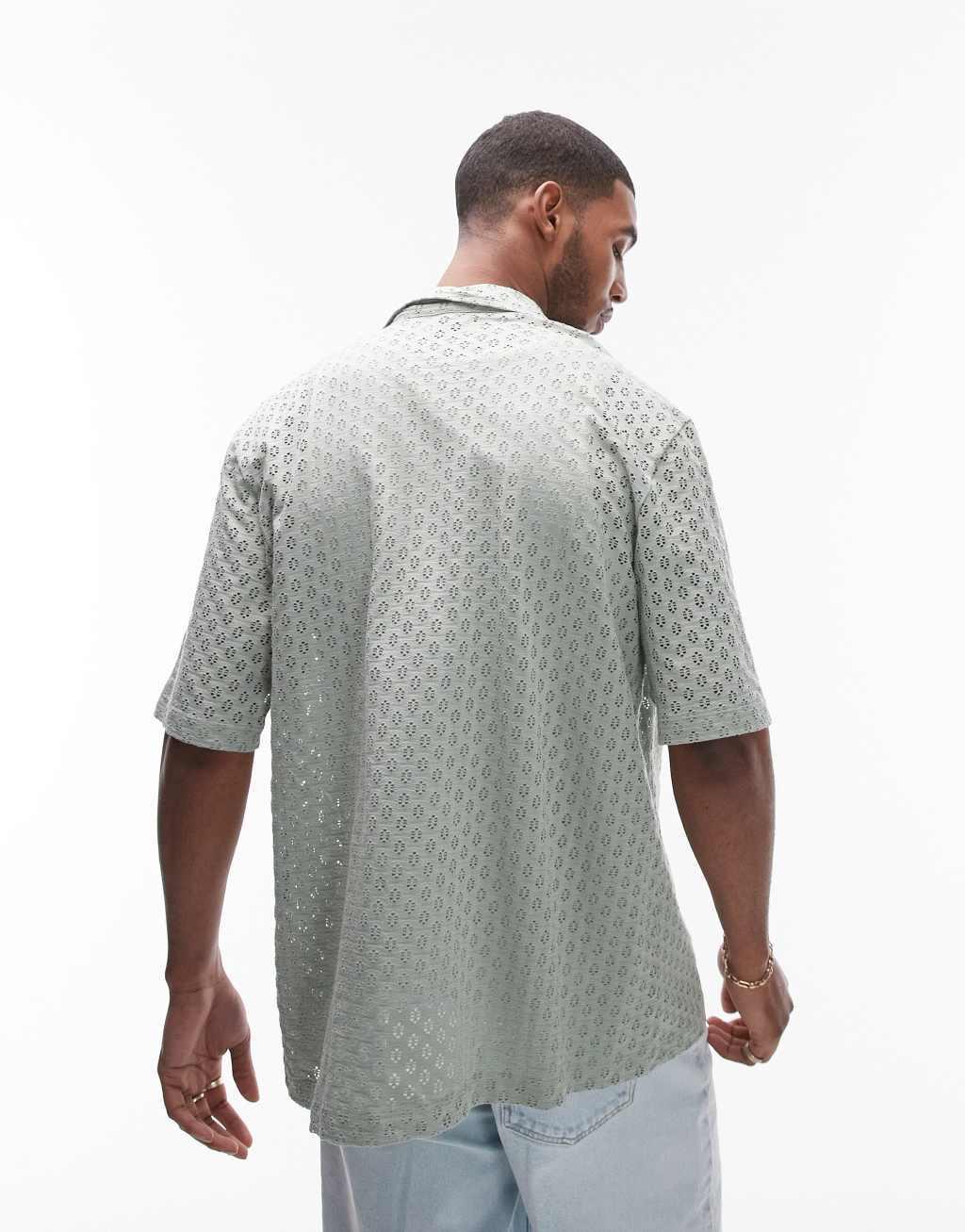 Topman oversized fit button up jersey crochet polo in sage Product Image