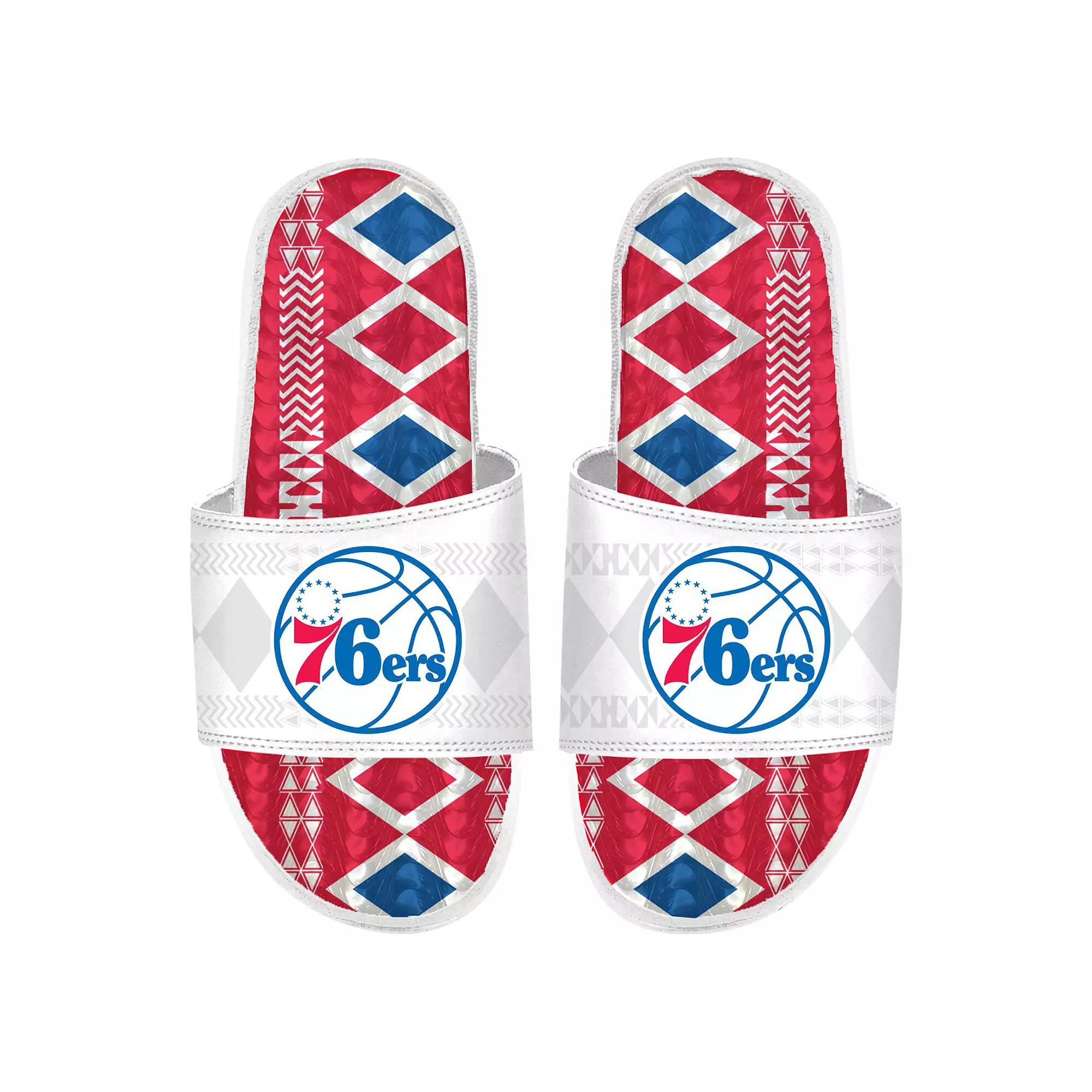Men's ISlide White Philadelphia 76ers Shooting Touch Rwanda Pattern Gel Slide Sandals, Size: 9, 76r White Product Image