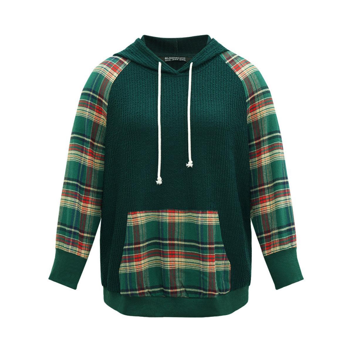 Plus Size Plaid Contrast Pocket Rib Knit Hooded Sweatshirt Women Green Casual Rib Knit Hooded Festival-Christmas Sweatshirts BloomChic 28/5X Product Image