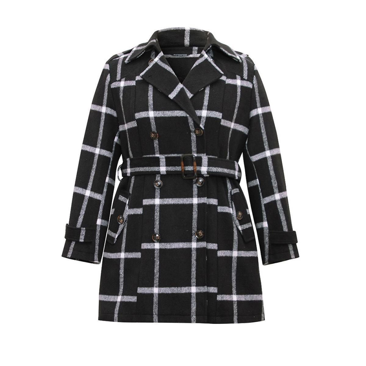 Plus Size Plaid Double Breasted Belted coat Women Black Casual Lined Ladies Dailywear Winter Coats BloomChic 28/5X Product Image