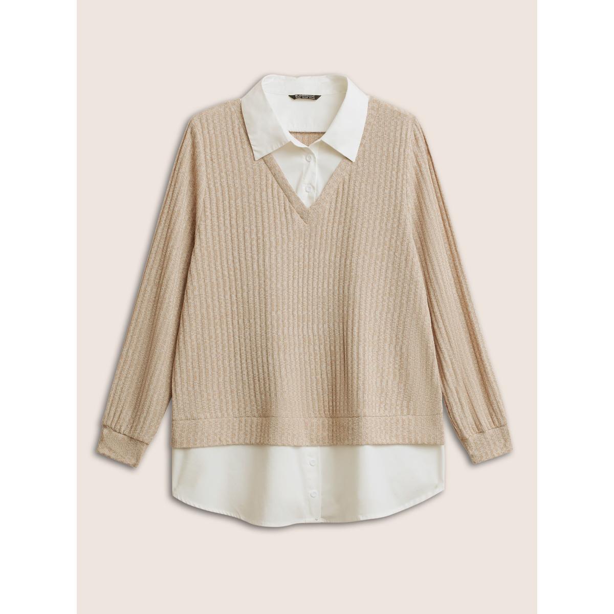 Plus Size 2-In-1 Patchwork Shirt Collar Sweatshirt Women Tan At the Office Contrast Shirt collar Work Sweatshirts BloomChic 12/L Product Image