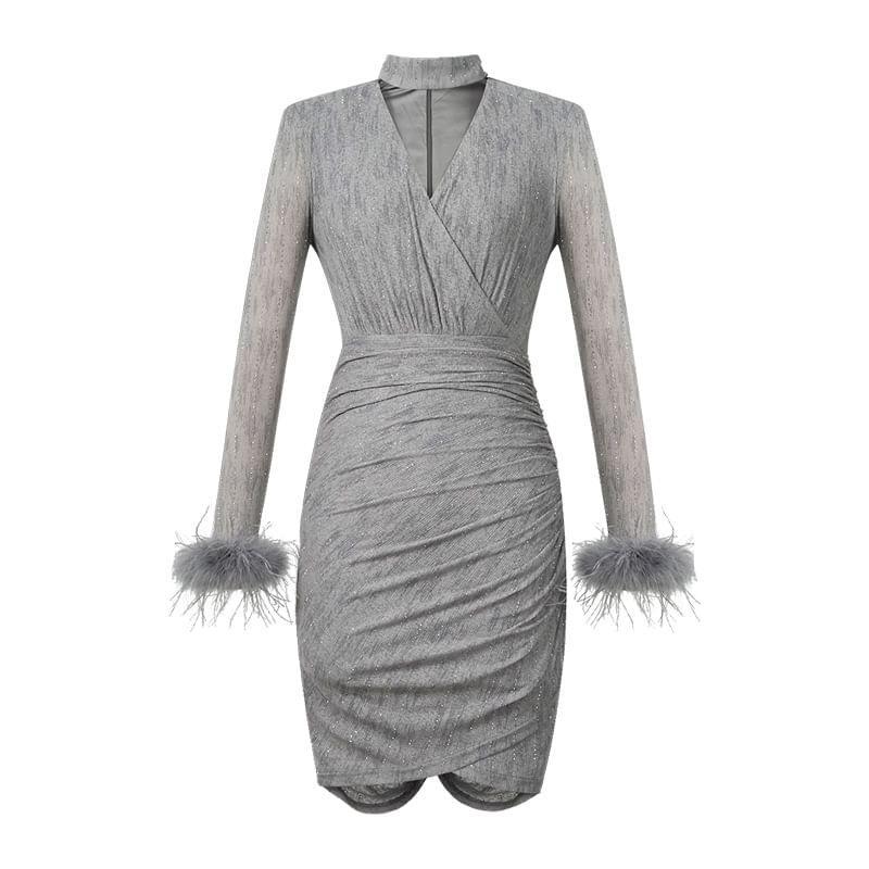 Long-Sleeve Halter Melange Asymmetrical Fluffy Trim Mini Sheath Dress Product Image