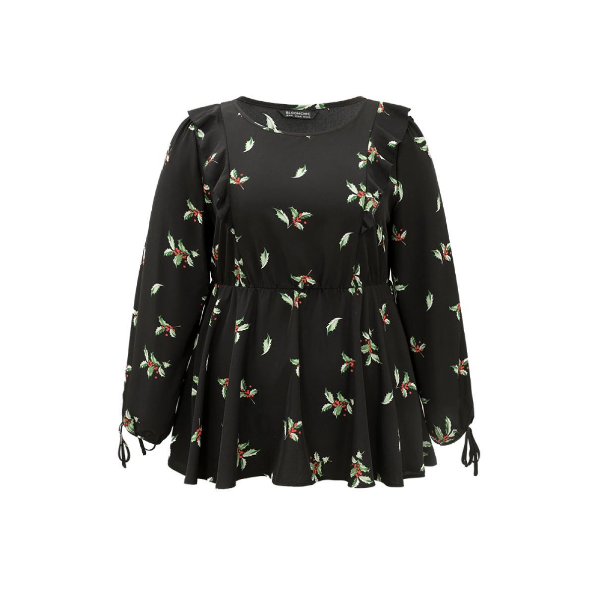 Plus Size Black Christmas Ruffles Elastic Waist Ties Lantern Sleeve Blouse Women Elegant Long Sleeve Round Neck Festival-Christmas Blouses BloomChic 14-16/1X Product Image