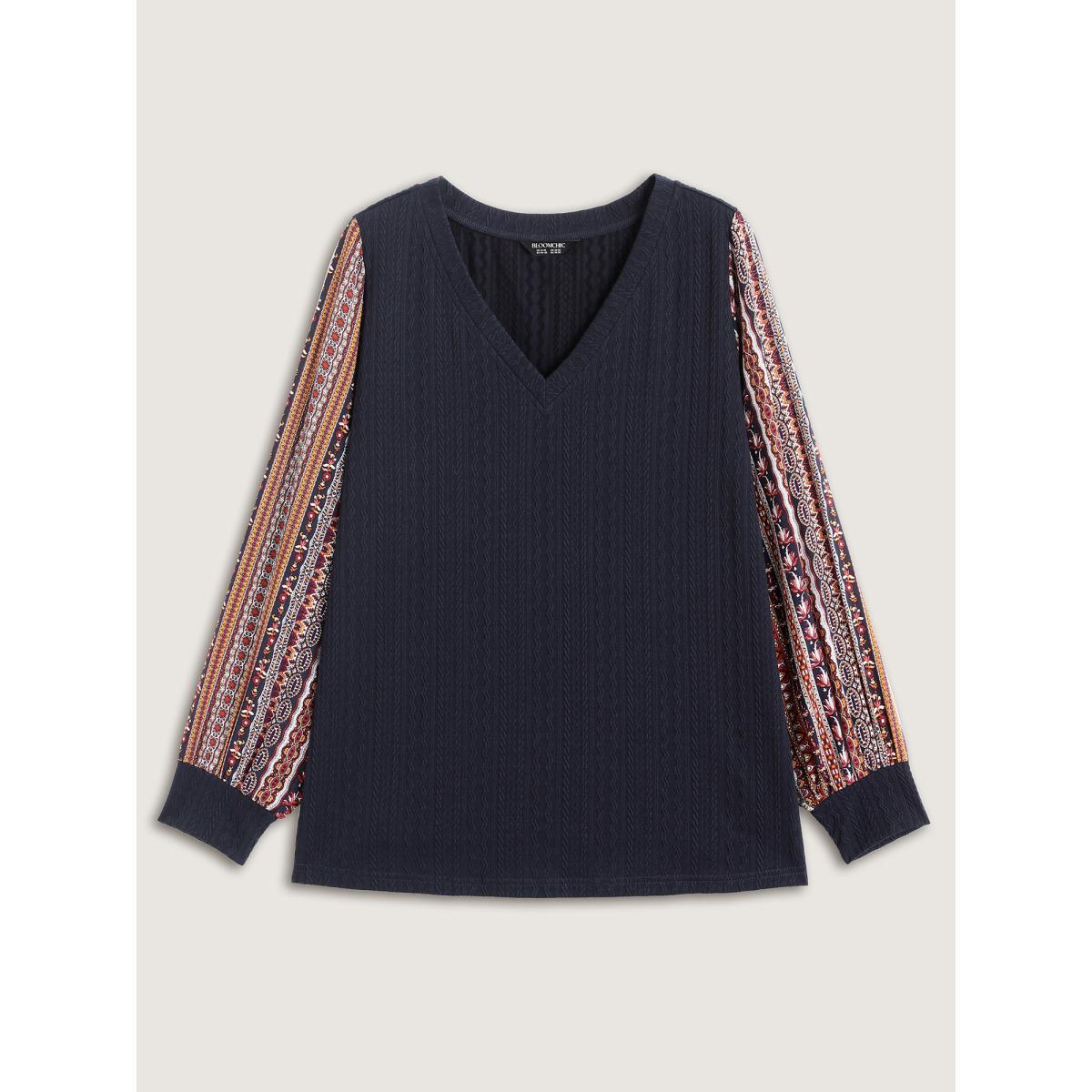 Plus Size Textured Striped Sleeve Contrast Sweatshirt Women Indigo Texture V-neck Everyday-Casual Sweatshirts BloomChic 28/5X Product Image