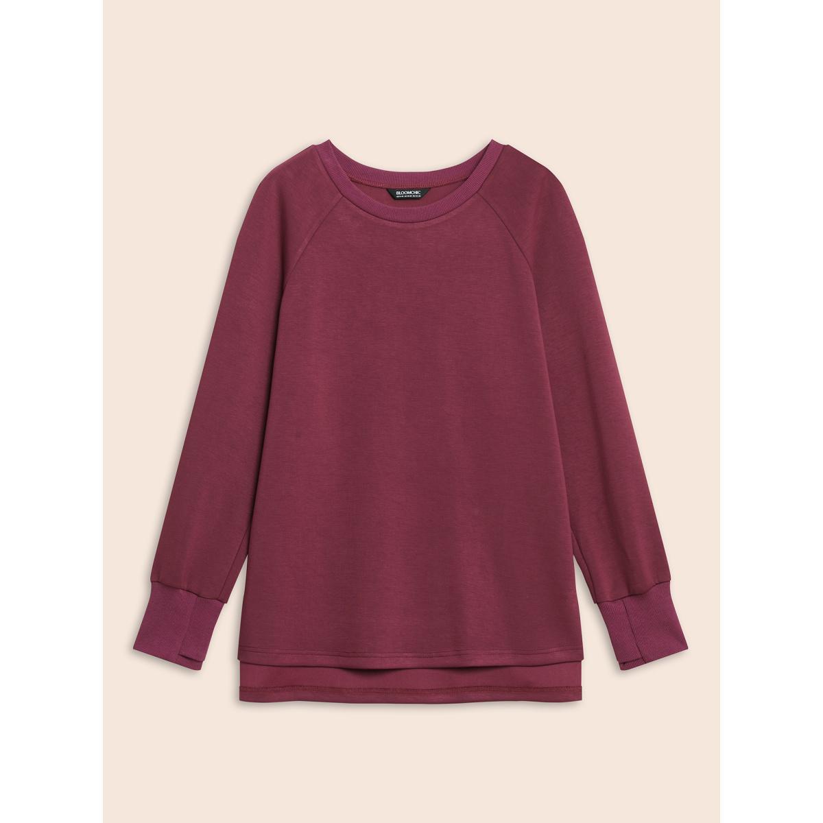 Plus Size Solid Raglan Sleeve Slit Hem Sweatshirt Women Plum Casual Slit Loose Non Everyday Sweatshirts BloomChic 18-20/2X Product Image