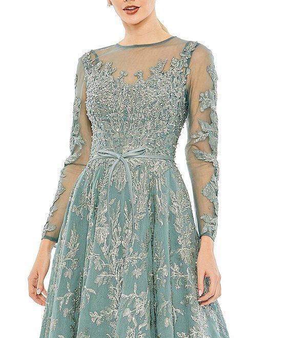 Mac Duggal Illusion Crew Neck Long Sleeve Beaded Tea Length A-Line Dress Product Image