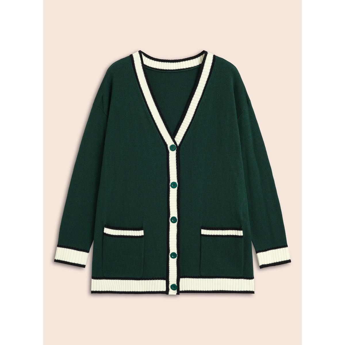 Plus Size Contrast Trim Button Up Pocket Cardigan DarkGreen Women Casual Loose Long Sleeve Everyday Cardigans BloomChic 26/4X Product Image