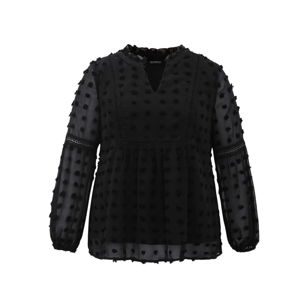 Plus Size Black Polka Dot Frill Trim Mesh Blouse Women Elegant Long Sleeve Notched collar Dailywear Blouses BloomChic 12/L Product Image