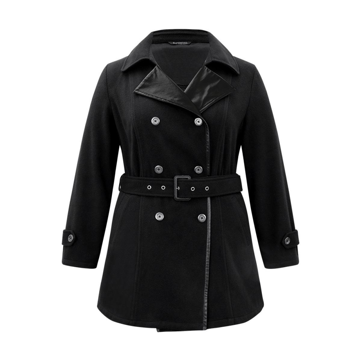 Plus Size PU Leather Patchwork Lapel Collar Double Breasted Belted Coat Women Black Casual Belted Ladies Dailywear Winter Coats BloomChic 28/5X Product Image