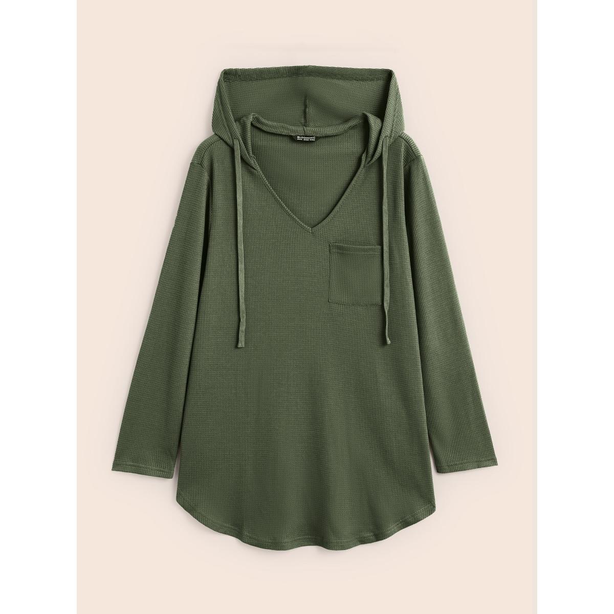 Plus Size Waffle Knit Pocket Hooded Drawstring Arc Hem T-shirt Green Women Casual Texture Plain Hooded Everyday T-shirts BloomChic 22-24/3X Product Image