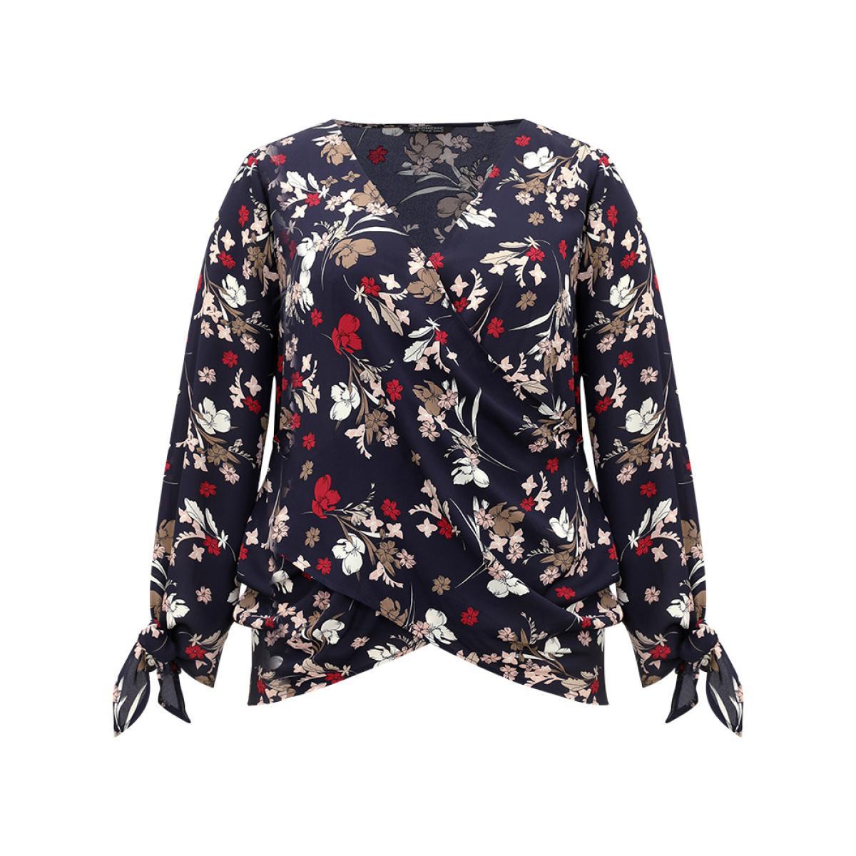 Plus Size Indigo Floral V Neck Wrap Twist Sleeve Blouse Women Elegant Long Sleeve V-neck Dailywear Blouses BloomChic 10/M Product Image