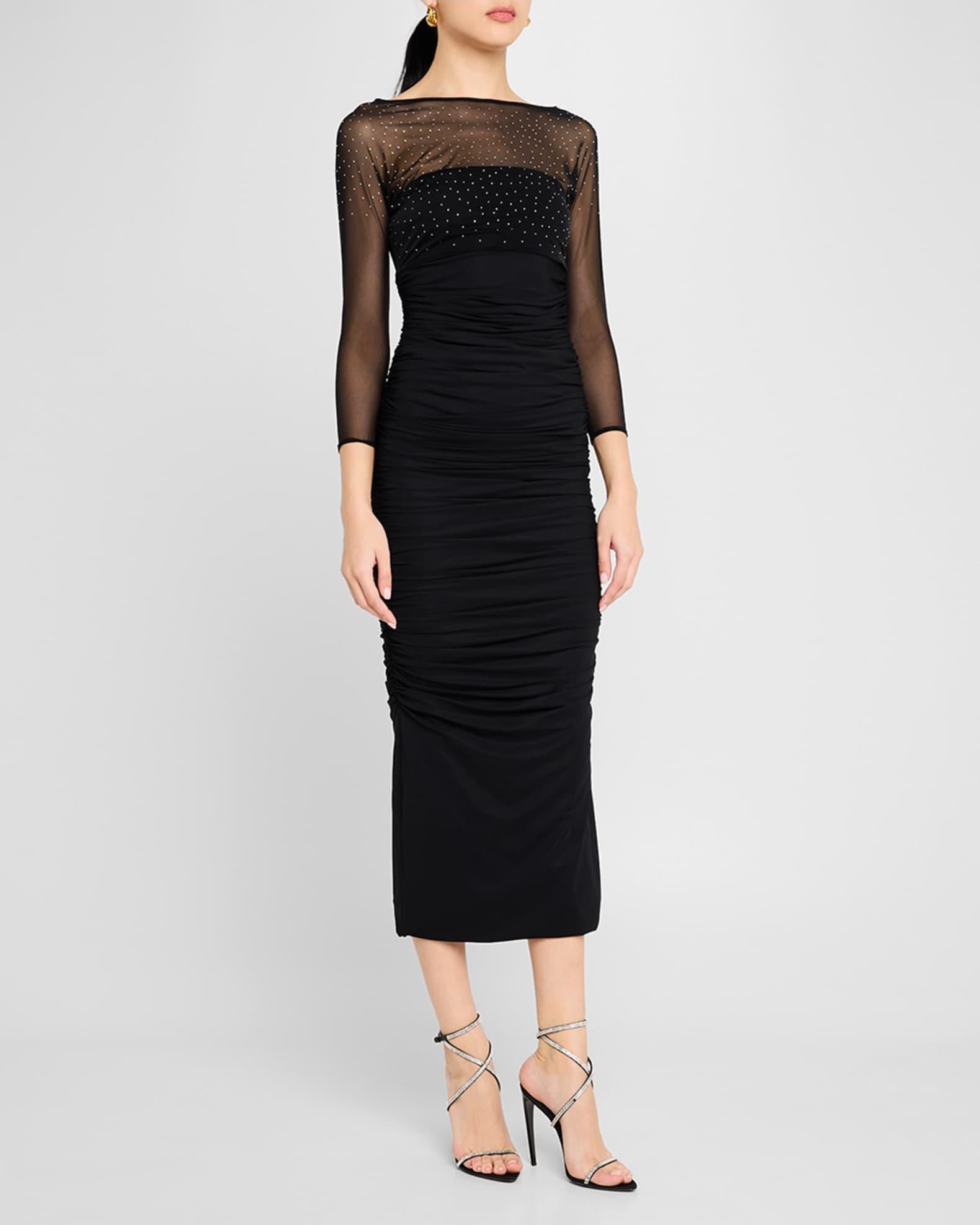 Gyun Ruched Rhinestone Illusion Midi Dress Product Image