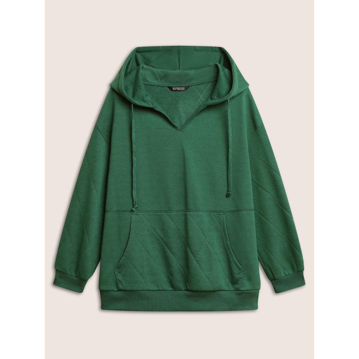 Plus Size Solid Quilted Kangaroo Pocket Hooded Sweatshirt Women Green Casual Non Hooded Everyday Sweatshirts BloomChic 12/L Product Image