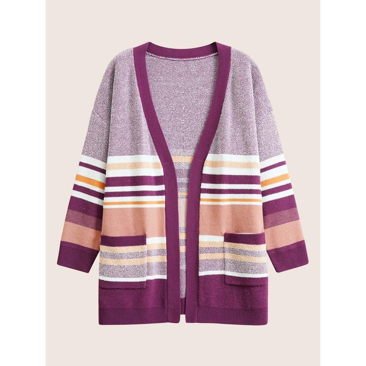 Plus Size Supersoft Essentials Striped Contrast Open Front Cardigan Purple Women Casual Loose Long Sleeve Dailywear Cardigans BloomChic 18-20/2X Product Image