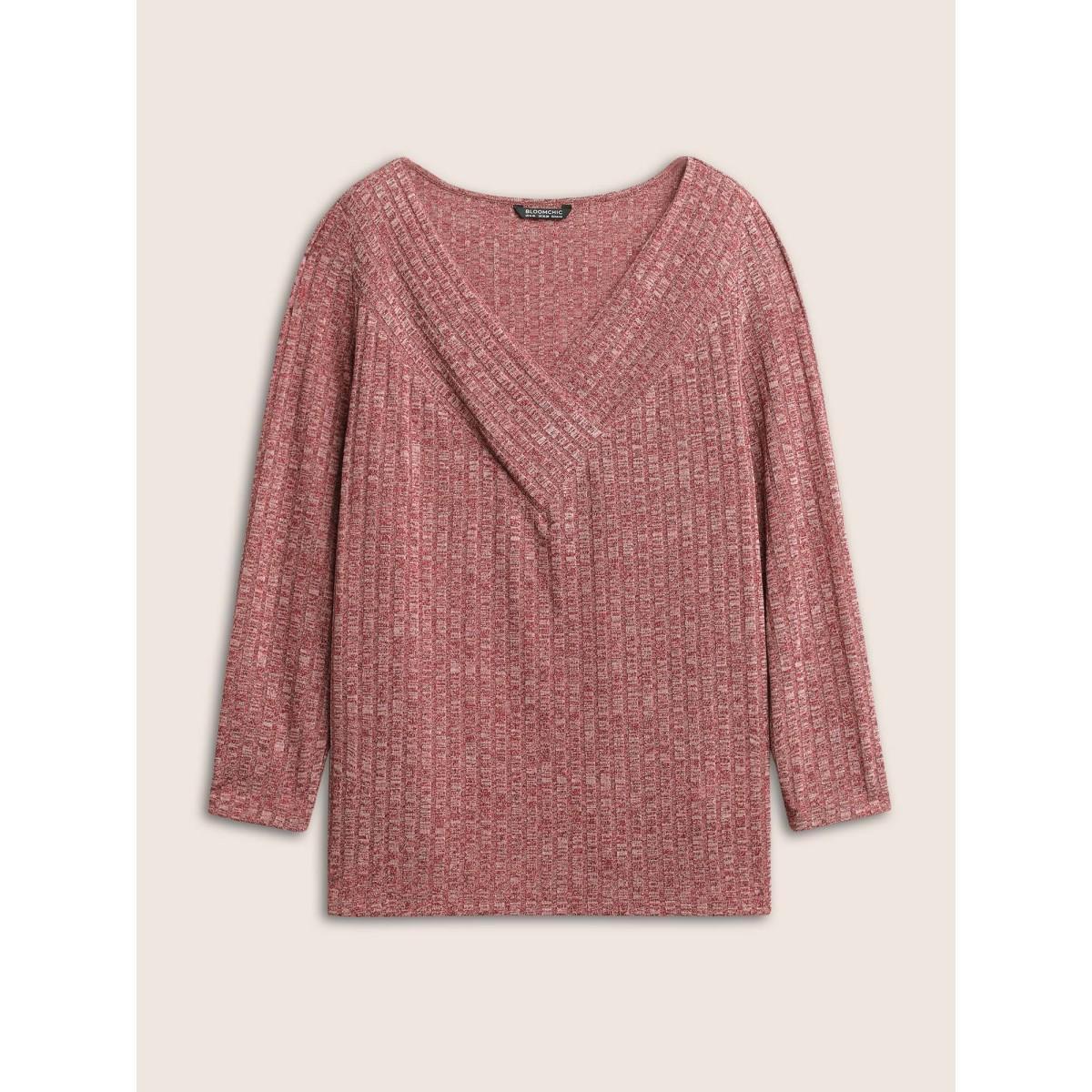Plus Size Heather Plisse Long Sleeve T-shirt Russet Women Elegant Non Colorblock V-neck Everyday T-shirts BloomChic 18-20/2X Product Image
