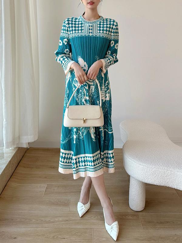 A-Line Loose Pleated Printed Round-Neck Midi Dresses Product Image
