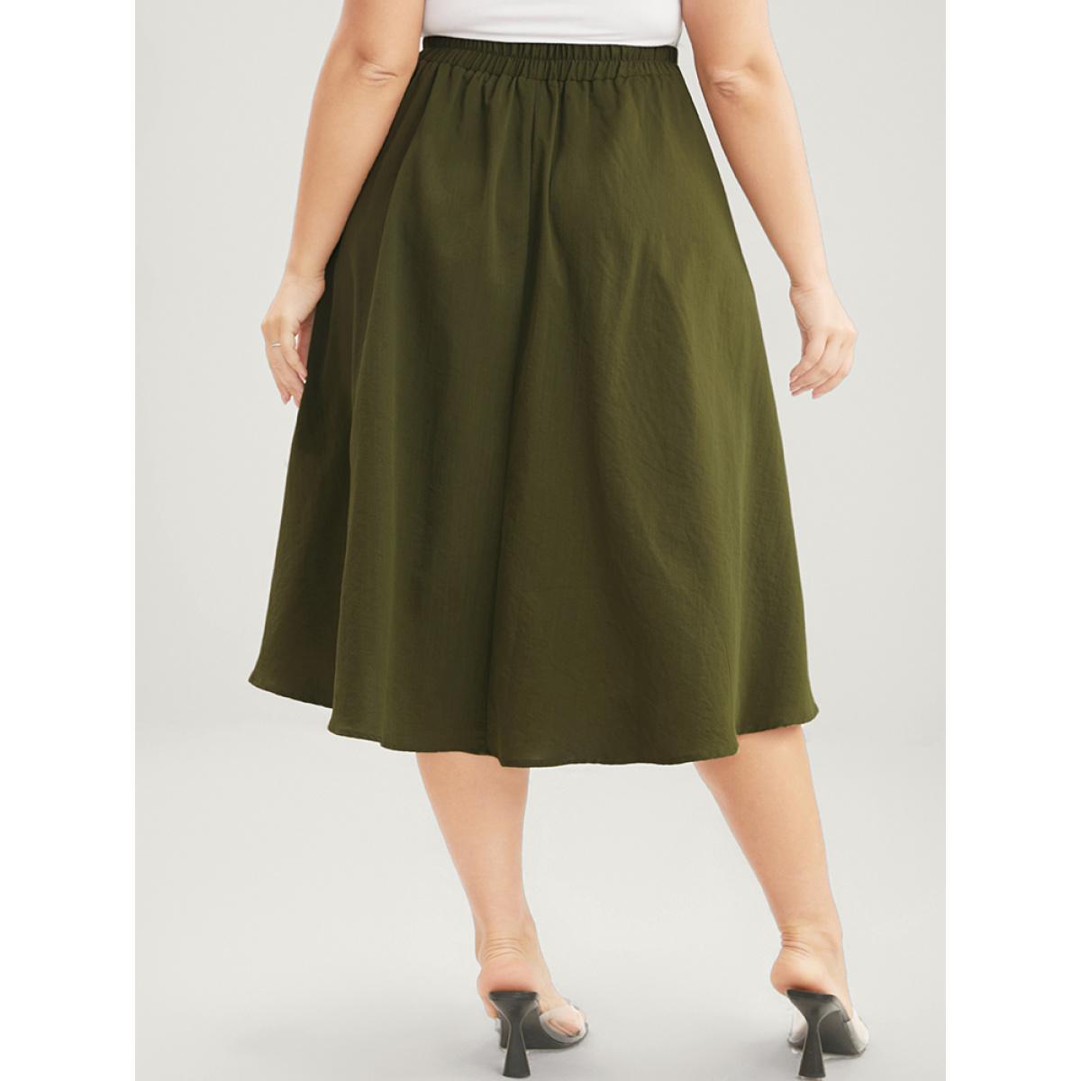 Plus Size Plain Pocket Buckle Detail Asymmetrical Elastic Waist Skirt Women ArmyGreen Elegant Plain Loose No stretch Pocket Dailywear Skirts BloomChic 30/6X Product Image