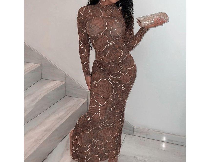 Long-Sleeve High Neck Sequined Floral Midi Mesh Bodycon Dress Product Image