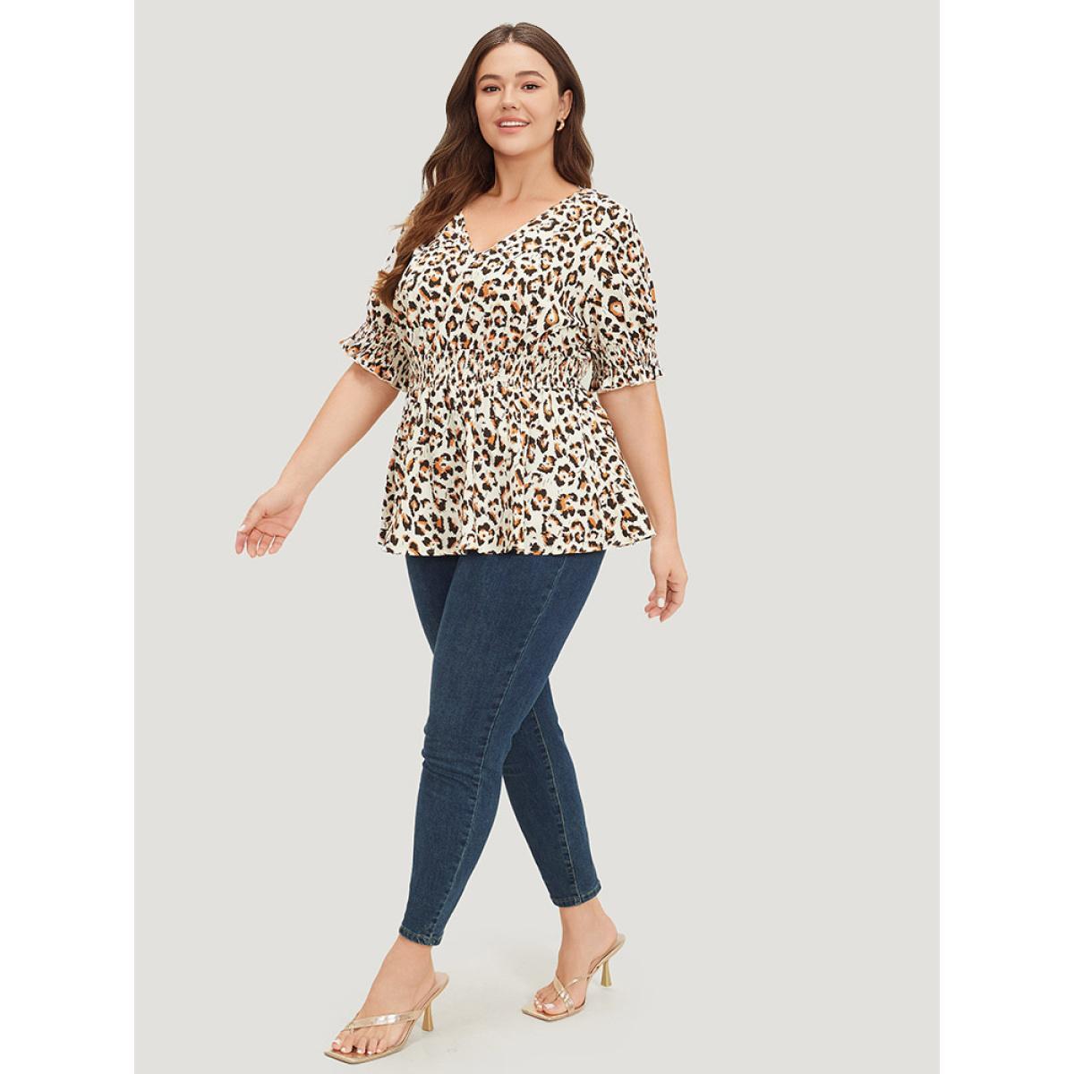 Plus Size Beige Leopard Print Shirred Puff Sleeve Ruffle Sleeve Blouse Women Glamour Short sleeve V-neck Going out Blouses BloomChic 28/5X Product Image