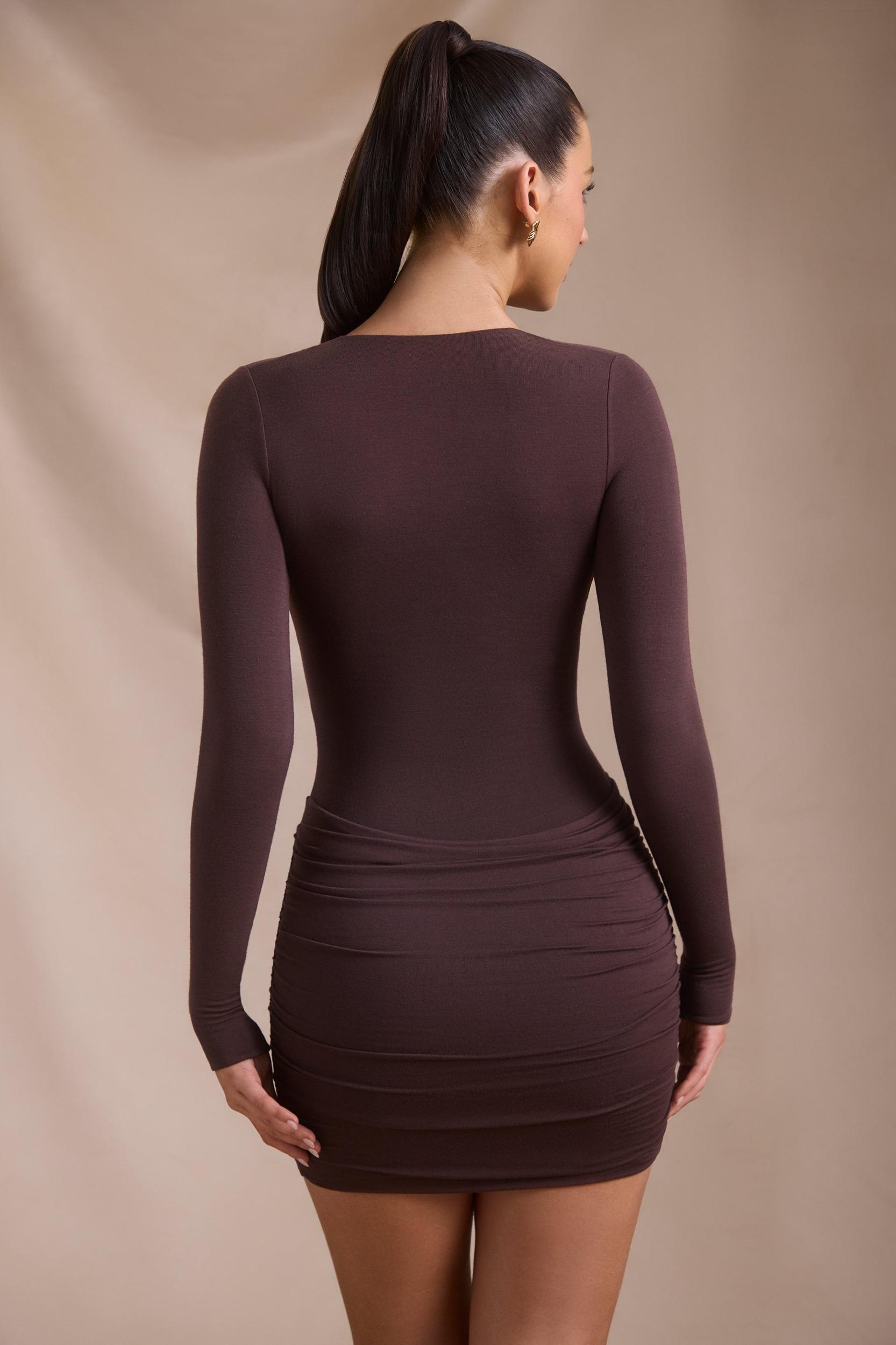 Modal-Cashmere Blend Draped Long-Sleeve Mini Dress in Espresso Product Image