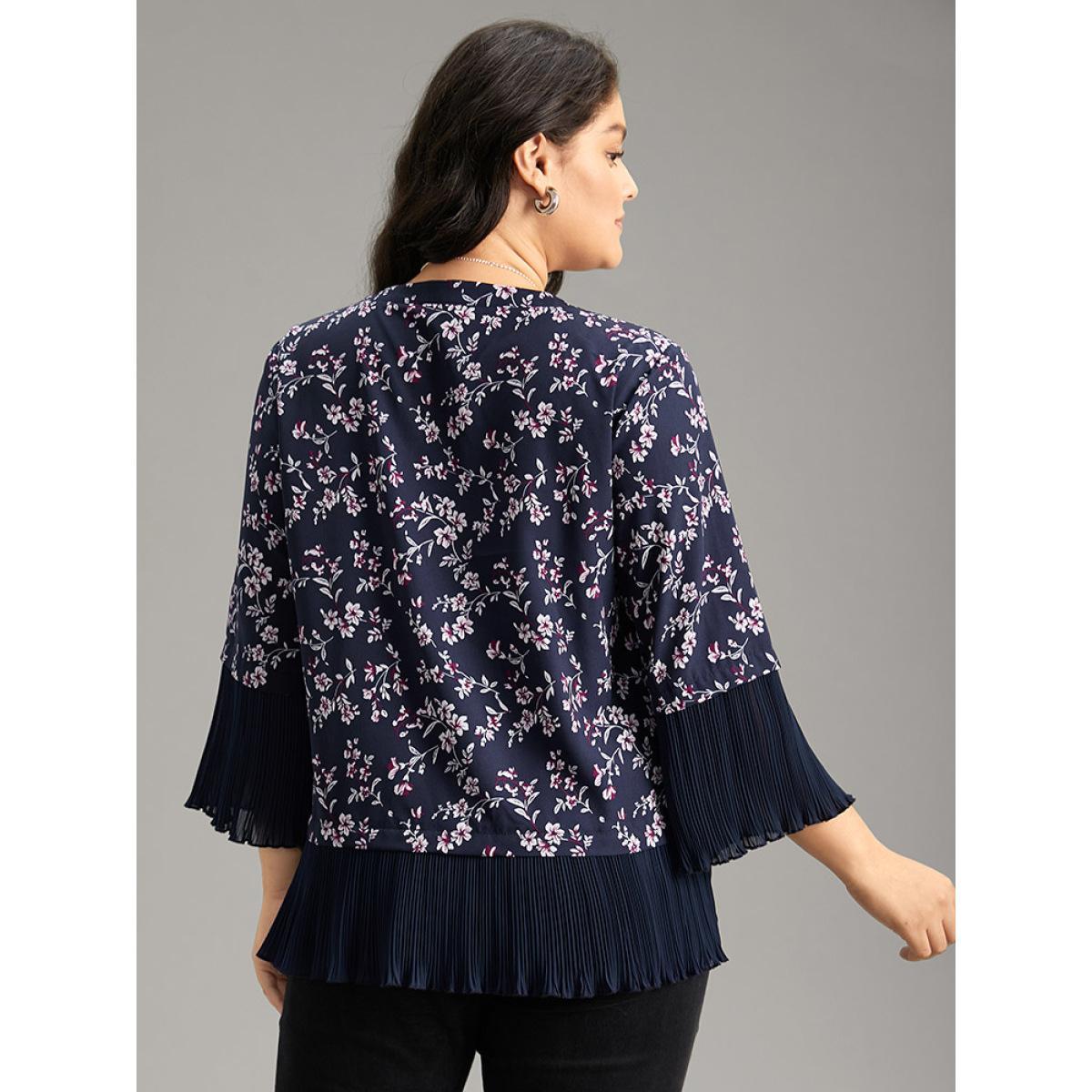 Plus Size Indigo Ditsy Floral Pleated Cuffs Patchwork Blouse Women Elegant Elbow-length sleeve V-neck Dailywear Blouses BloomChic 18-20/2X Product Image
