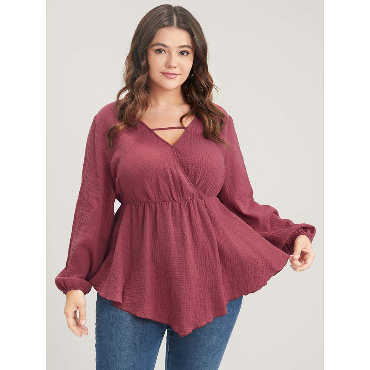 Plus Size Russet Solid Lantern Sleeve Asymmetrical Hem Wrap Blouse Women Elegant Long Sleeve V-neck Dailywear Blouses BloomChic 14-16/1X Product Image