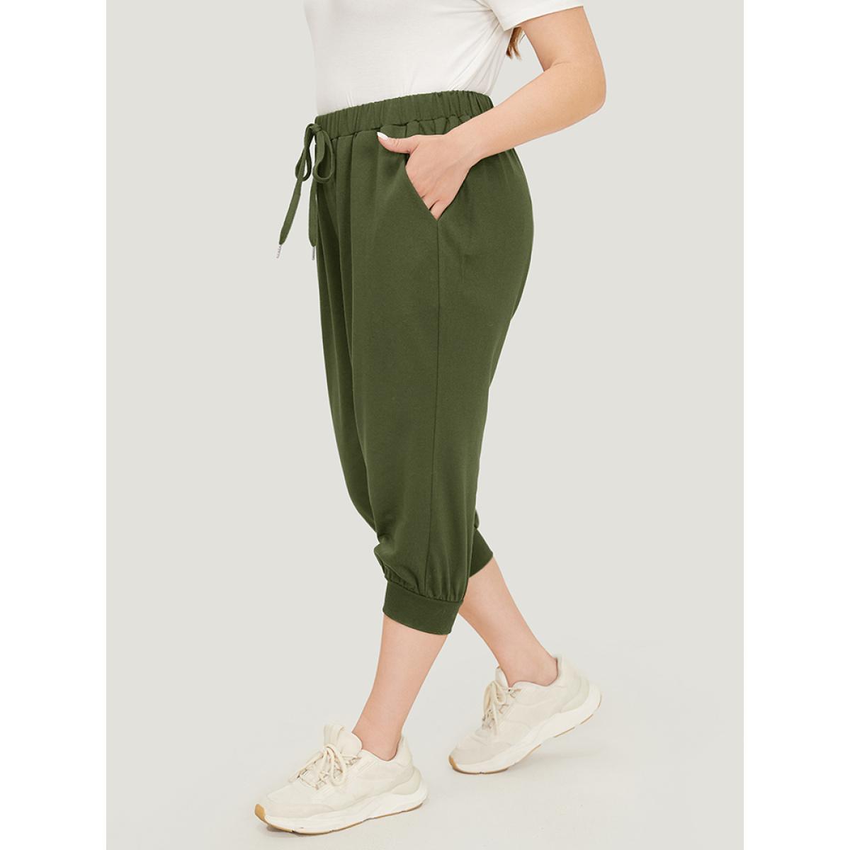 Plus Size Solid Knot Front Pocket Carrot Pants Women ArmyGreen Casual High Rise Dailywear Pants BloomChic 14-16/1X Product Image